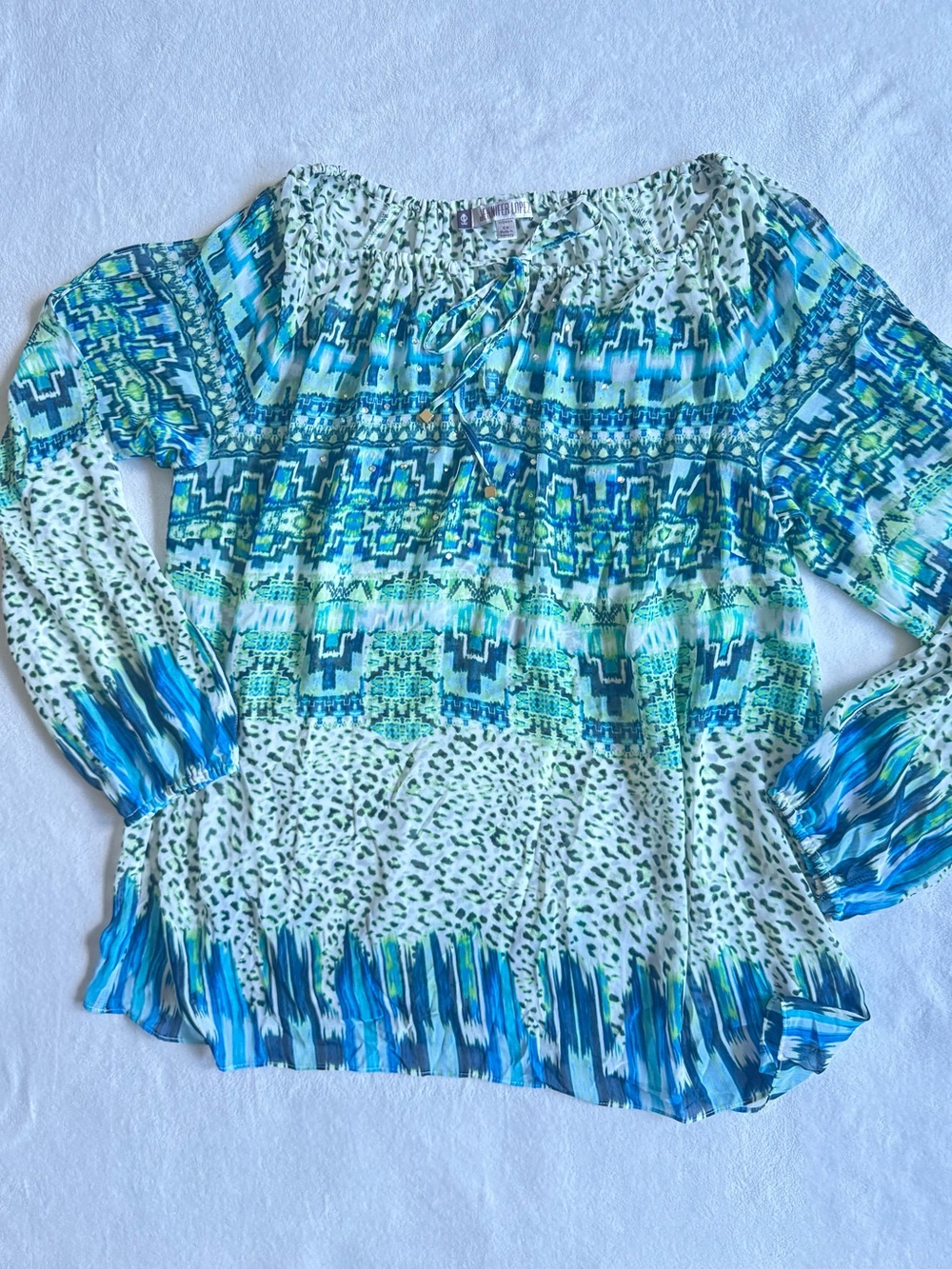 Jennifer Lopez  Women’s Tunic Blouse Geometric Leopard Print Crystal Studs Sheer